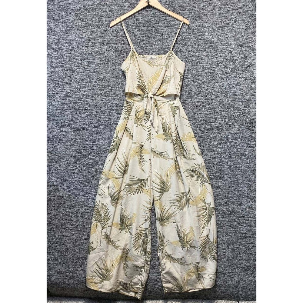 Timing Jumpsuit Womens Medium Beige Tropical Palm Leaf Wide Leg Front Tie Cutout
